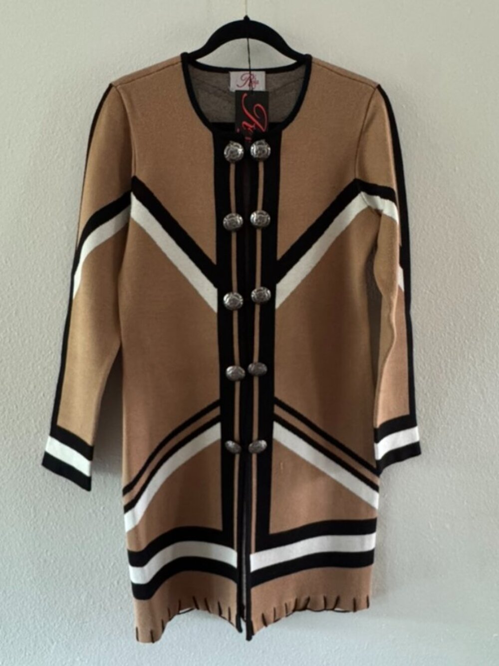 Roja Camel, Black, and White Geometric Knit Longline Cardigan
